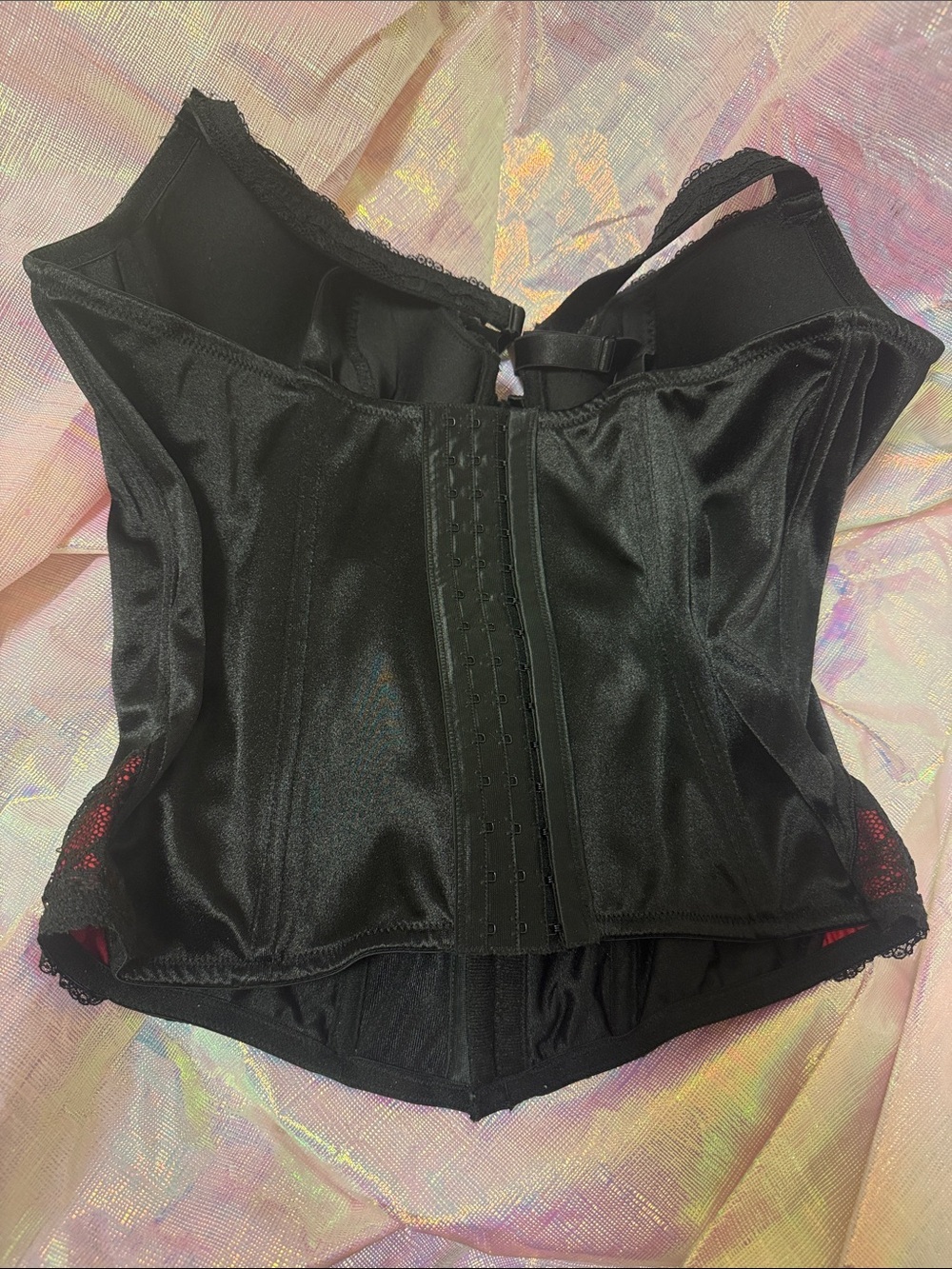 Red Lace-Overlay Satin-like Bustier with Black Body - Picture 4 of 4